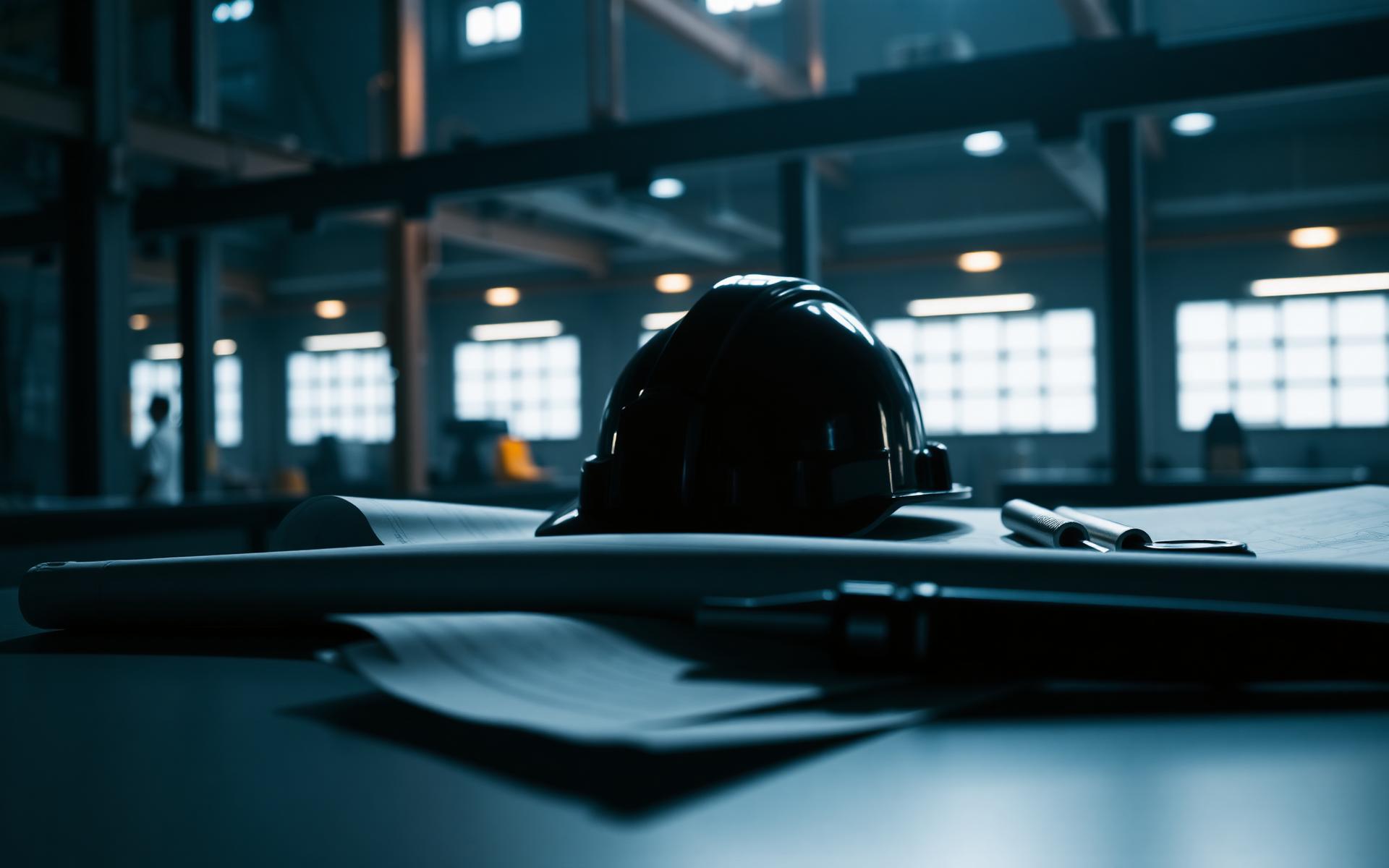 Casco de ingeniería sobre planos técnicos en taller industrial
