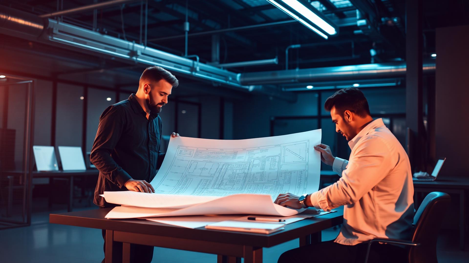 Ingenieros de DEMIRON revisando planos técnicos de un proyecto industrial