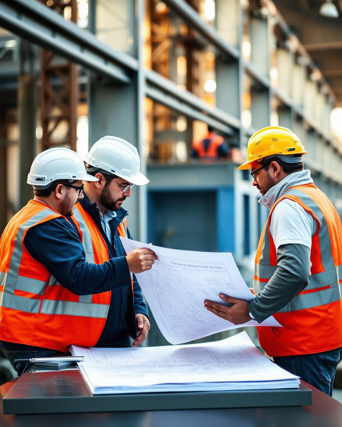 Equipo de ingeniería de DEMIRON revisando planos en un sitio de construcción industrial