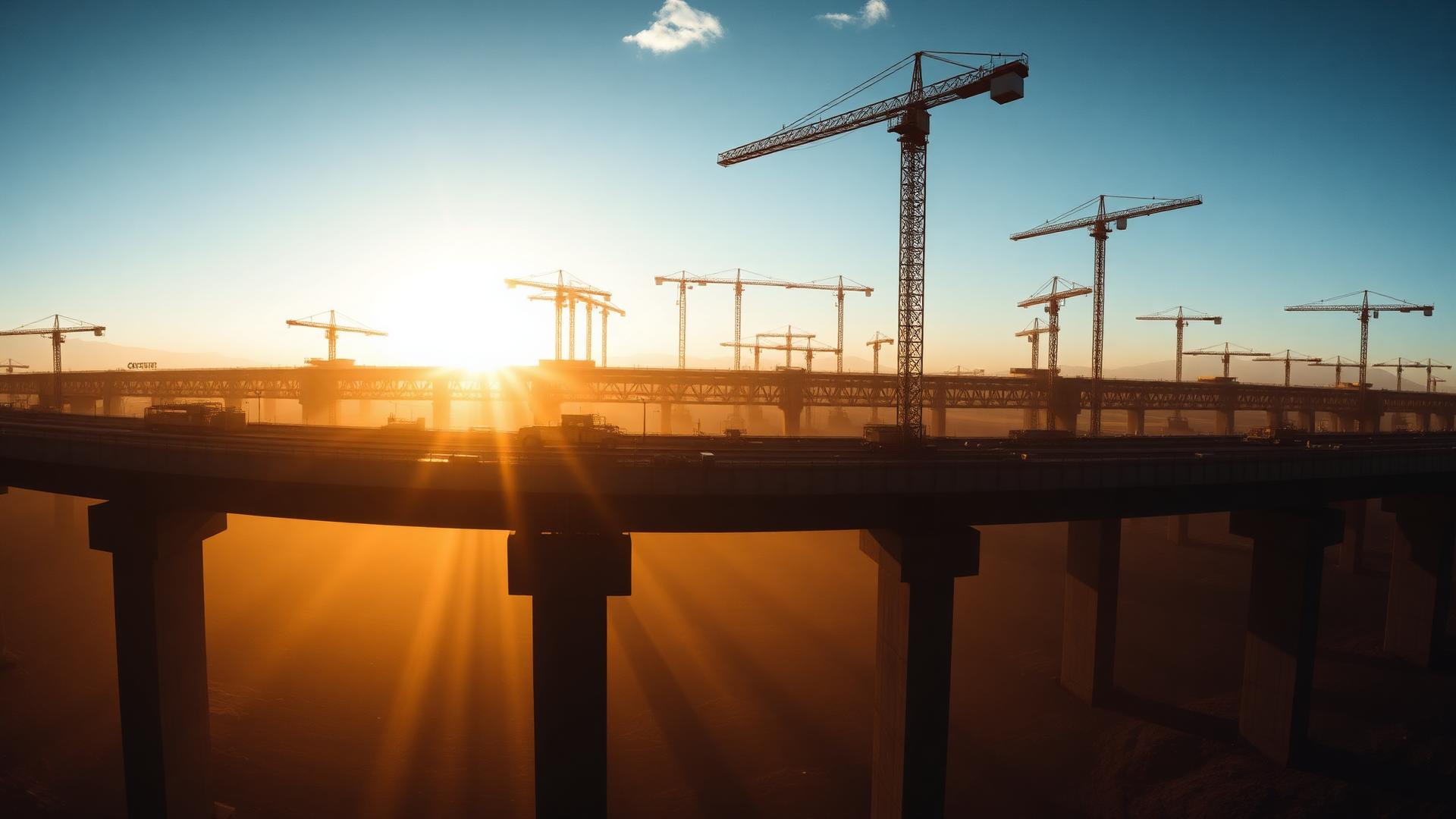 Viaducto de infraestructura mexicano al atardecer con múltiples grúas torre silueteadas