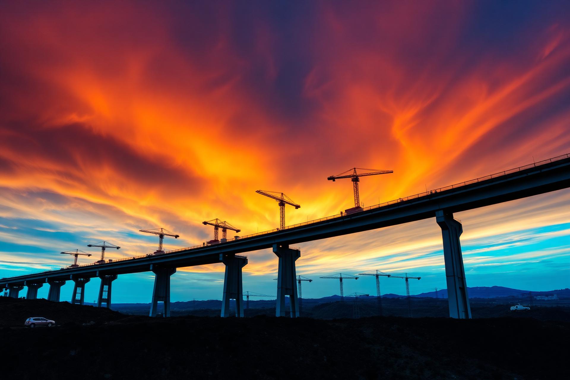 Viaducto de infraestructura en construcción al atardecer con grúas torre silueteadas contra el cielo