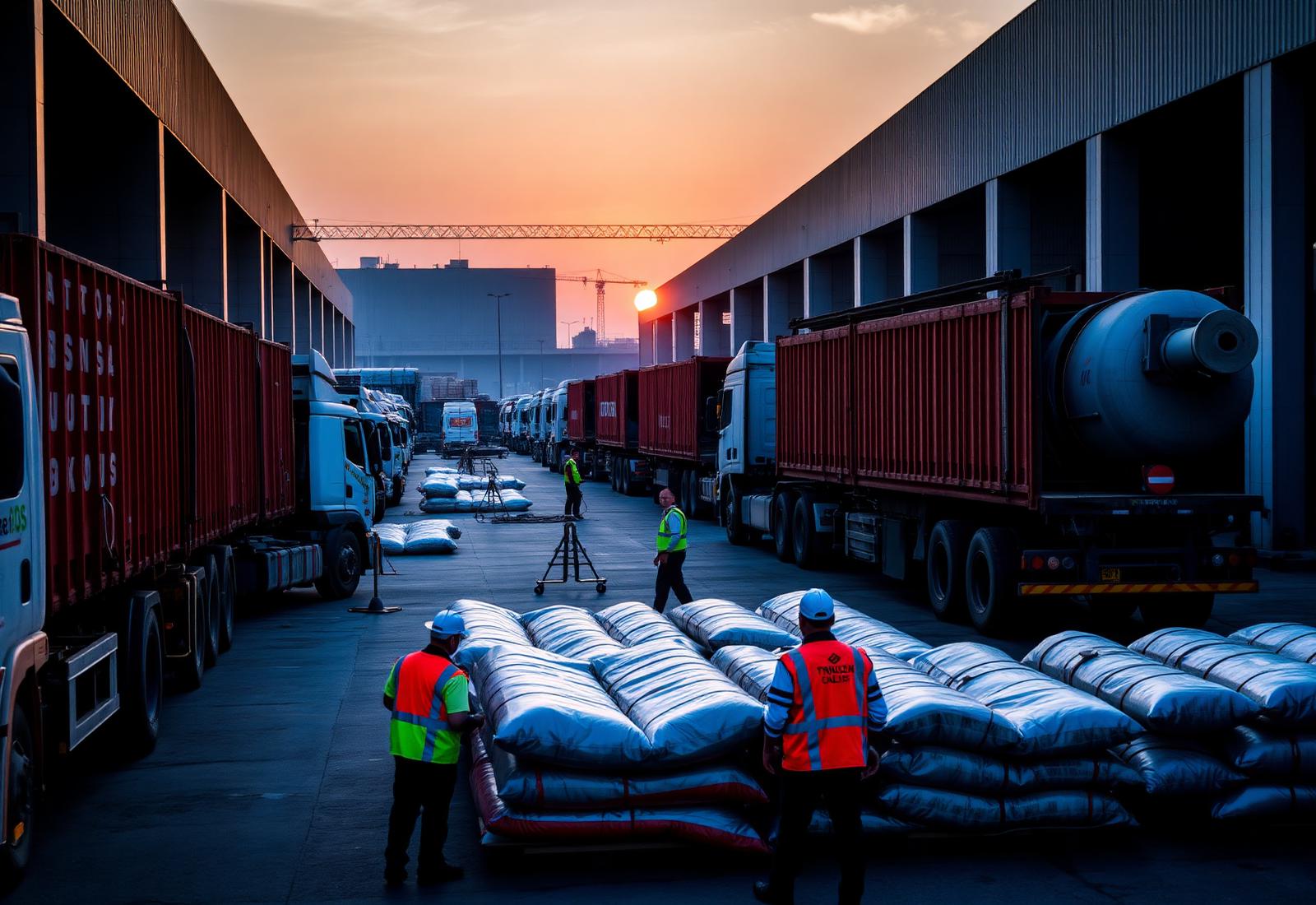 Patio de logística de DEMIRON al amanecer con flotilla de transporte cargando materiales