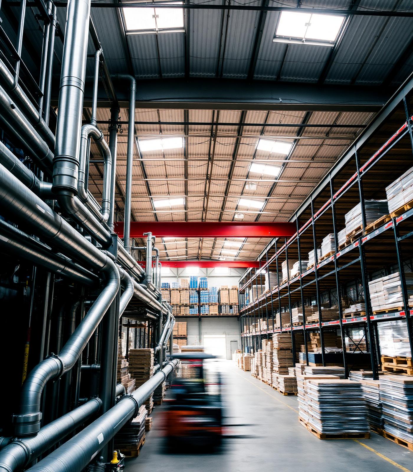Interior del centro de distribución de DEMIRON con tubería hidráulica y racks industriales