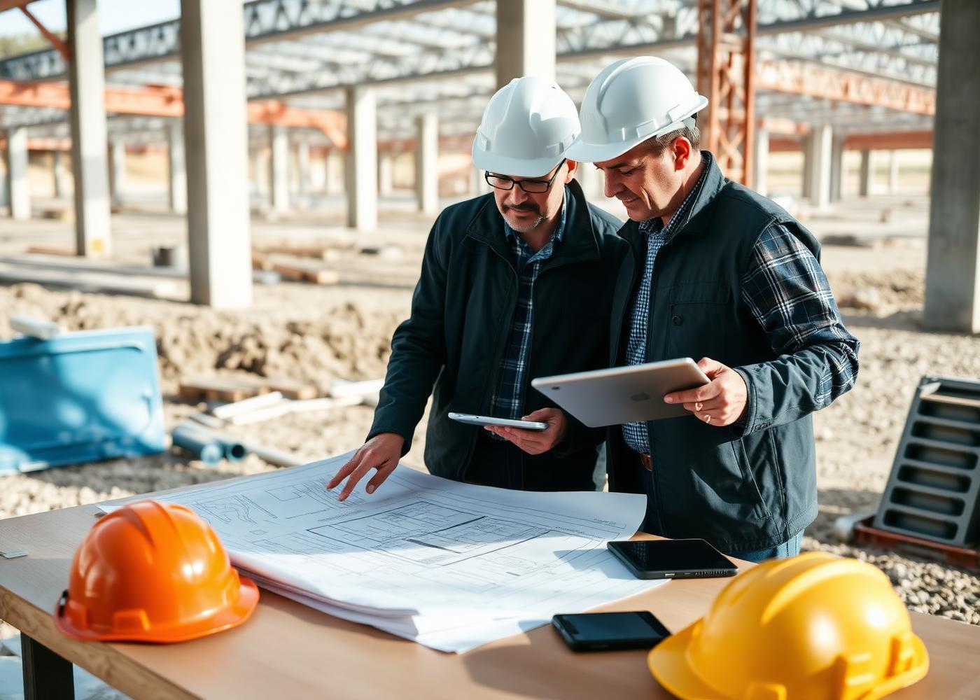 Ingenieros de DEMIRON revisando planos técnicos en sitio de construcción