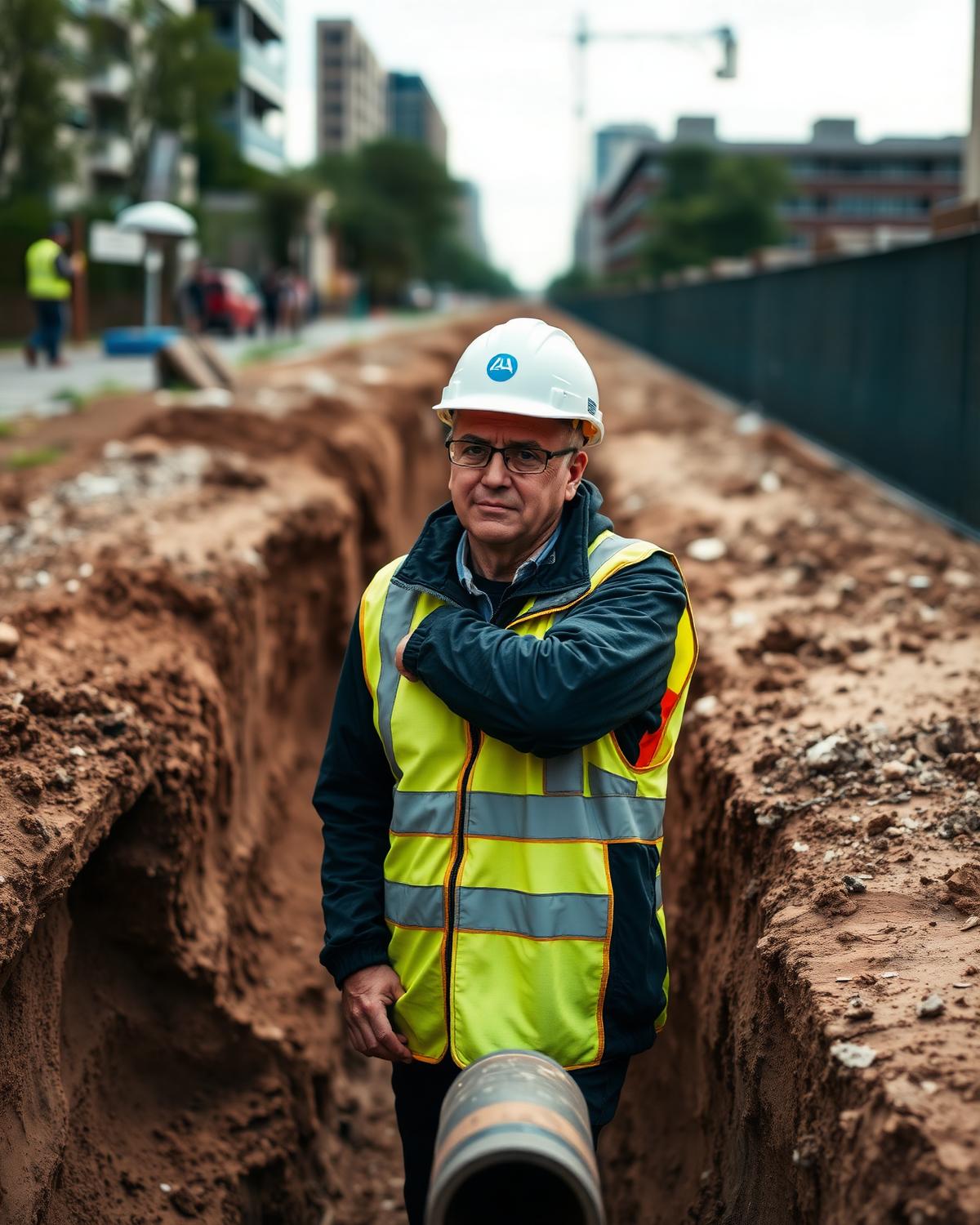 Especialista técnico de DEMIRON supervisando instalación de tubería de drenaje urbano